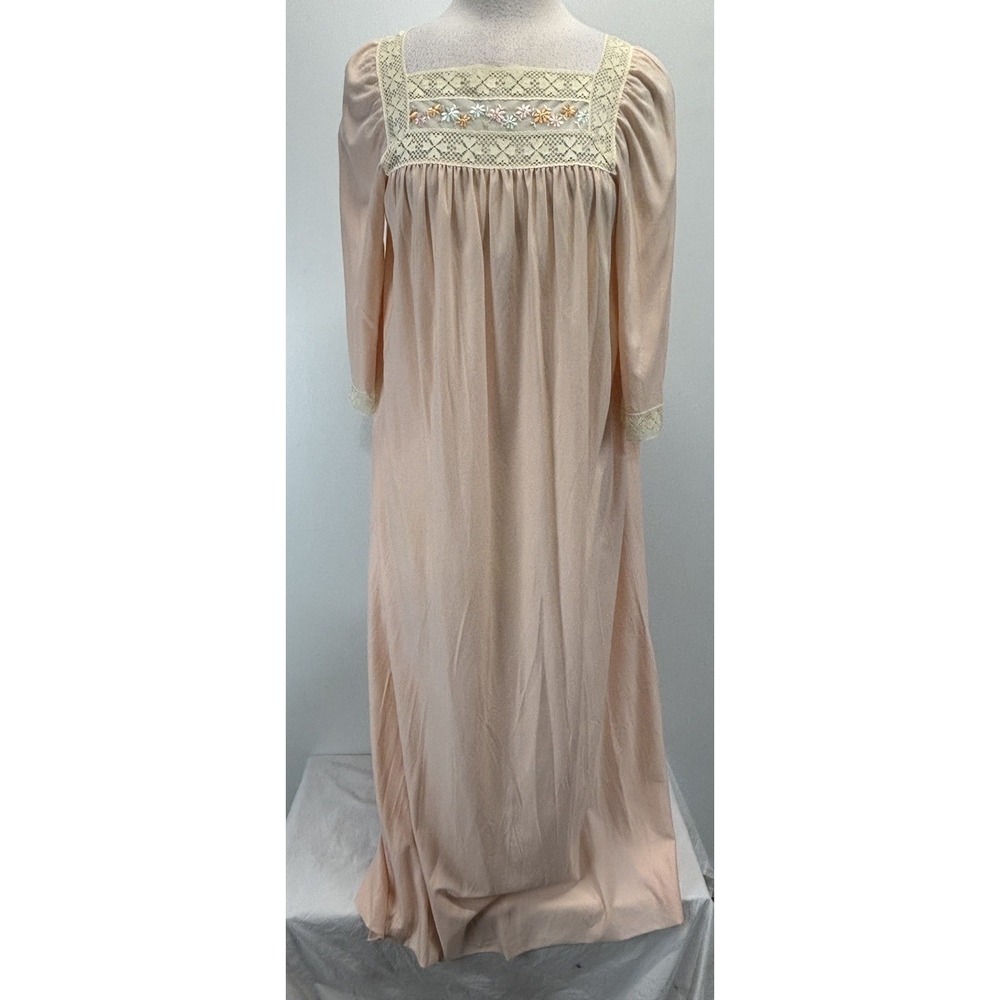 Vtg Vanity Fair Nylon Long Nightgown Sz Small Embroidered Pink Cottage Core 70s